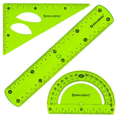Набор чертежный средний гибкий BRAUBERG "FLEX" (линейка 20 см, треугольник, транспортир), ассорти, 210679 - Наборы чертежные