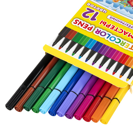 Фломастеры ЮНЛАНДИЯ "ДОМИКИ", 12 цветов, трехгранные, вентилируемый колпачок, картон, 152182 - Фломастеры классические