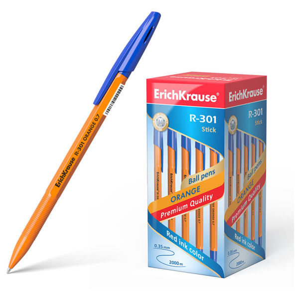Ручка шариковая ERICH KRAUSE "R-301 Orange", СИНЯЯ, корпус оранжевый, узел 0,7 мм, линия письма 0,35 мм, 43194 - Ручки шариковые неавтоматические