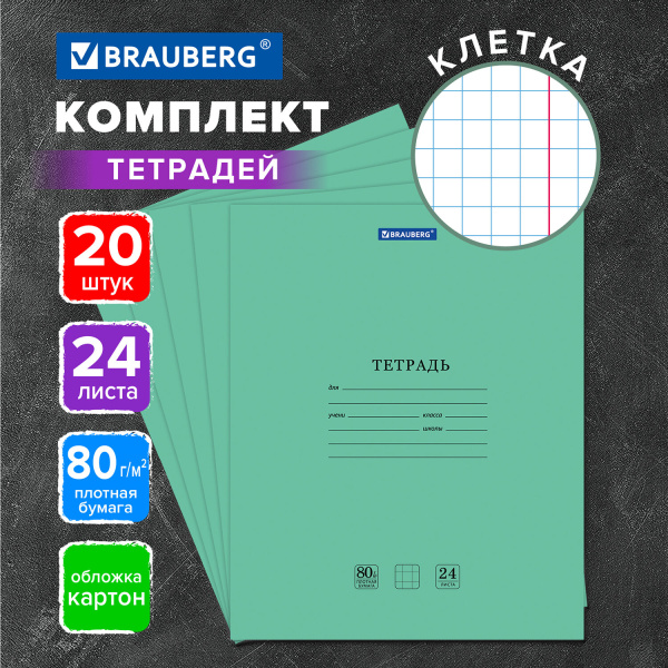 Тетради 24 л. КОМПЛЕКТ 20 шт. BRAUBERG "EXTRA", клетка, плотная бумага 80 г/м2, обложка картон, 880072