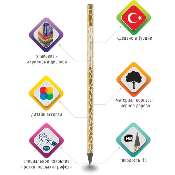 Карандаш чернографитный BRAUBERG "PREMIUM TURKEY", 1 шт., "Mosaic", НВ, ассорти, дисплей, 181569 - Карандаши чернографитные
