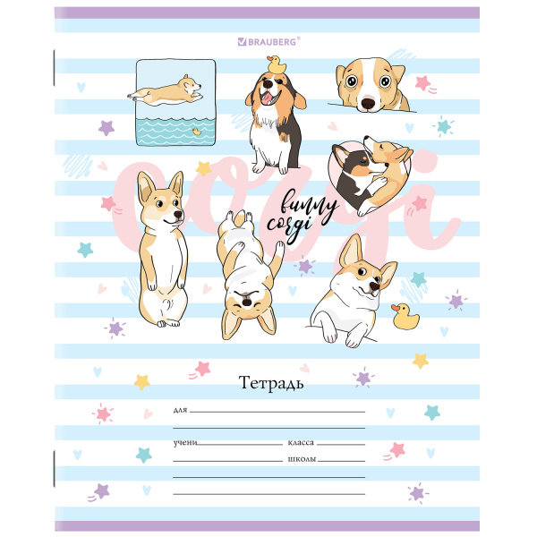 Тетрадь 12 л. BRAUBERG, клетка, обложка картон, "КОРГИ", 106460 - Тетради 12-24 листов