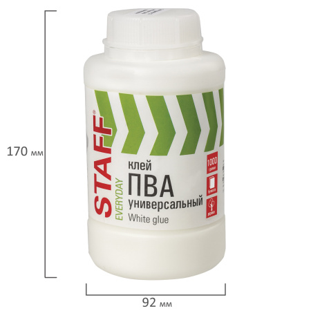 Клей ПВА универсальный 1 кг (бумага, картон, дерево), STAFF, 606431 - Клей ПВА