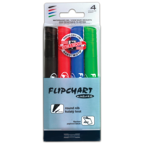 Маркеры для бумажного флипчарта KOH-I-NOOR, НАБОР 4 ЦВЕТА, НЕПРОПИТЫВАЮЩИЕ, 2,5 мм, 771405JD03PKRU - Маркеры для флипчартов