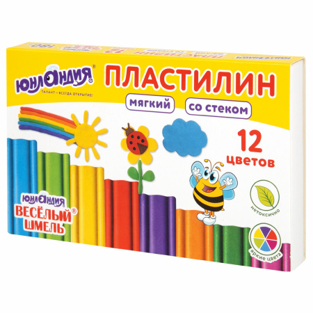 Пластилин мягкий ЮНЛАНДИЯ "ВЕСЕЛЫЙ ШМЕЛЬ", 12 цветов, 180 г, СО СТЕКОМ, 106672 - Пластилин