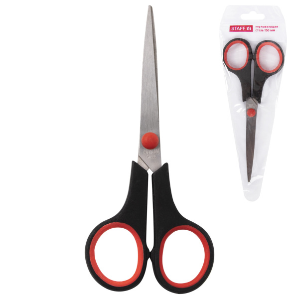 Ножницы STAFF EVERYDAY, 150 мм, бюджет, резиновые вставки, черно-красные, ПВХ чехол, 237497. - Ножницы универсальные