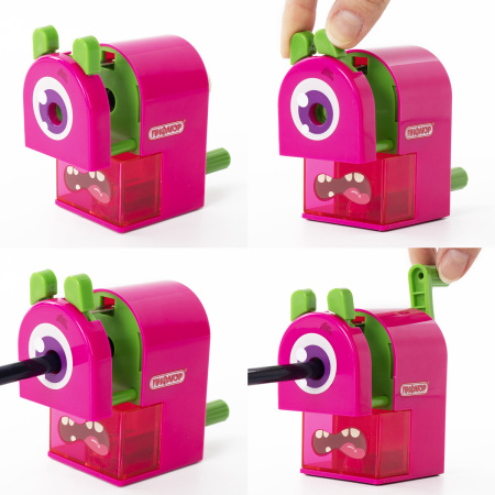 Точилка механическая ПИФАГОР "Монстрик", корпус розовый, для чернографитных и цветных карандашей, 229716 - Точилки механические