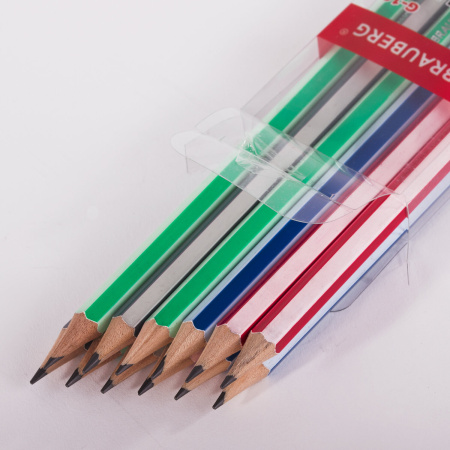 Набор карандашей чернографитных BRAUBERG "G-100" 12 шт., HB, с ластиком, корпус ассорти, 181716 - Карандаши чернографитные