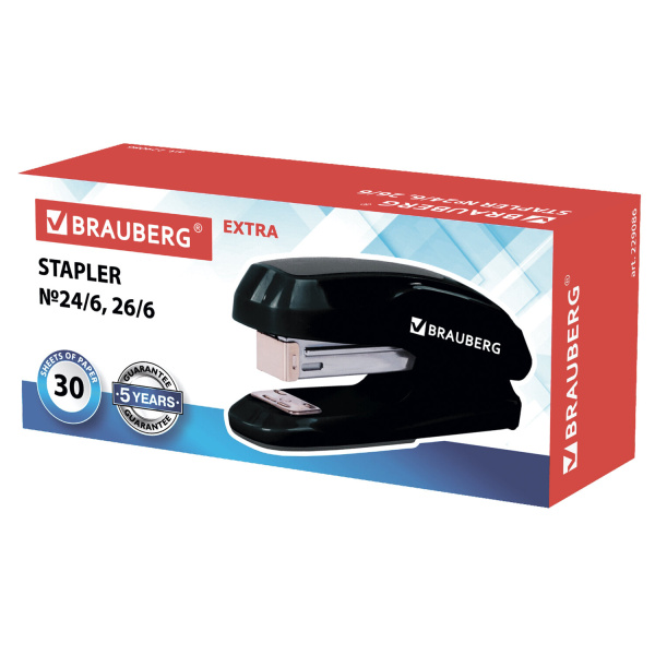 Степлер №24/6, 26/6 BRAUBERG "Extra", до 30 листов, черно-серый, 229086 - Степлеры настольные