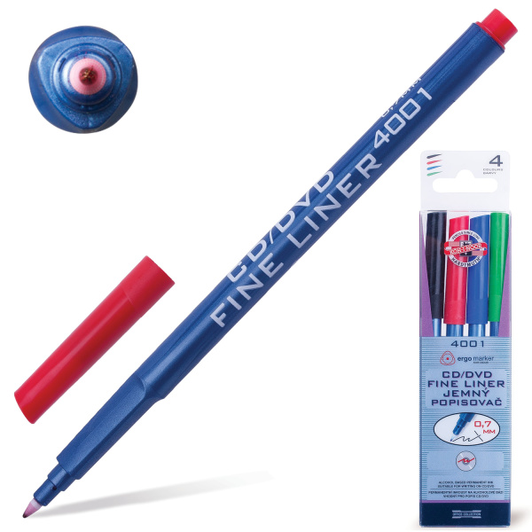 Маркеры для CD и DVD KOH-I-NOOR, НАБОР 4 шт., АССОРТИ, трехгранные, 0,7 мм, 774001JD02KS - Маркеры для CD и DVD