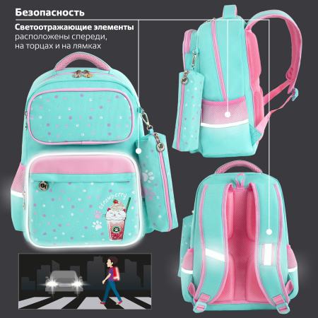 Рюкзак ЮНЛАНДИЯ COMPLETE, с пеналом в комплекте, эрго-спинка, "Yummy cat", 42х29х14 см - Рюкзаки для начальной и средней школы