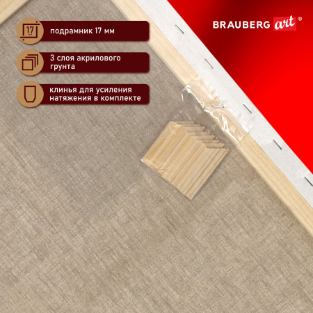 Холст на подрамнике BRAUBERG ART PREMIERE, 30х40см, грунтованный, 100% лен, среднее зерно, 190639 - Холсты