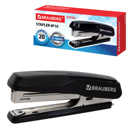 Степлер №10 BRAUBERG "Extra", до 20 листов, антистеплер, черно-серый, 229080 - Степлеры настольные