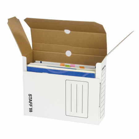 Короб архивный с клапаном А4 (260х325 мм), 100 мм, до 900 листов, микрогофрокартон, БЕЛЫЙ, STAFF, 128863 - Короба архивные
