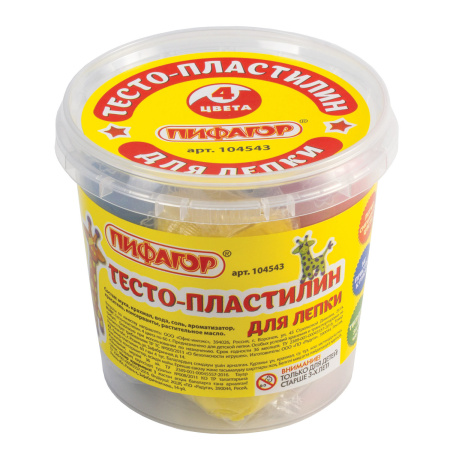 Пластилин на растительной основе (тесто для лепки) ПИФАГОР, 4 цвета, 240 г, пластиковый стакан, 104543 - Пластилин