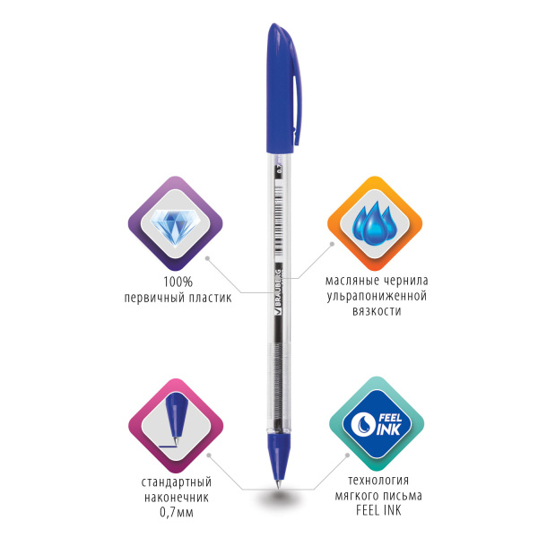 Ручка шариковая масляная BRAUBERG "Rite-Oil", СИНЯЯ, корпус прозрачный, узел 0,7 мм, линия письма 0,35 мм, 141702 - Ручки шариковые неавтоматические