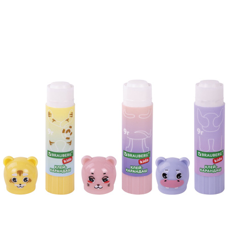 Клей-карандаш "Пастельные зверята: мышка, тигр, бегемот", 9 г, фигурный колпачок, BRAUBERG KIDS, 271140 - Клей-карандаш