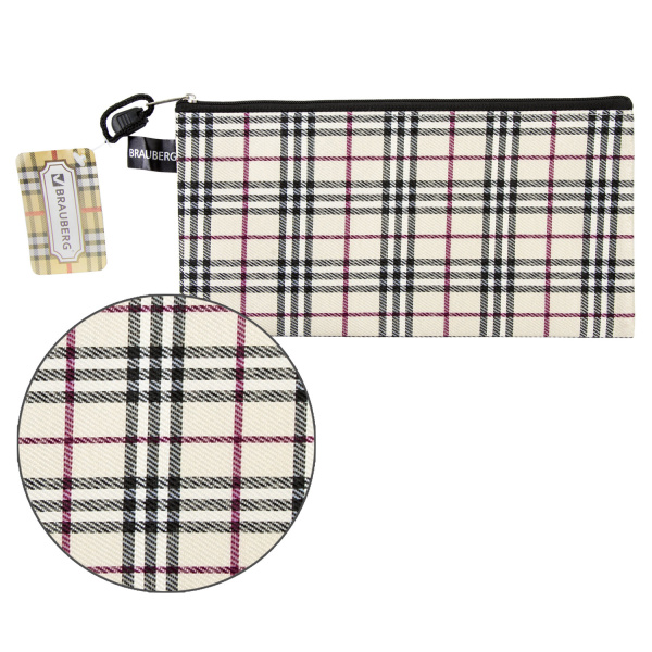 Папка-конверт на молнии МАЛОГО ФОРМАТА (255х130 мм), ткань в клетку, BRAUBERG "Checked", 223894 - Папки-конверты на молнии