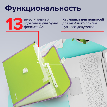Папка-портфель пластиковая BRAUBERG "JOY", А4 (330х245х35 мм), 13 отделений, с окантовкой, салатовая, 227974 - Портфели пластиковые