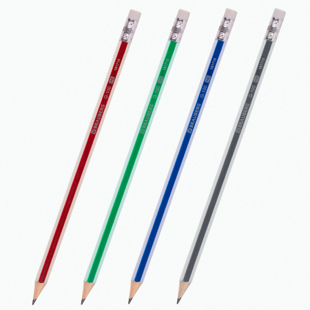 Набор карандашей чернографитных BRAUBERG "G-100" 4 шт., HB, с ластиком, корпус ассорти, 181715 - Карандаши чернографитные