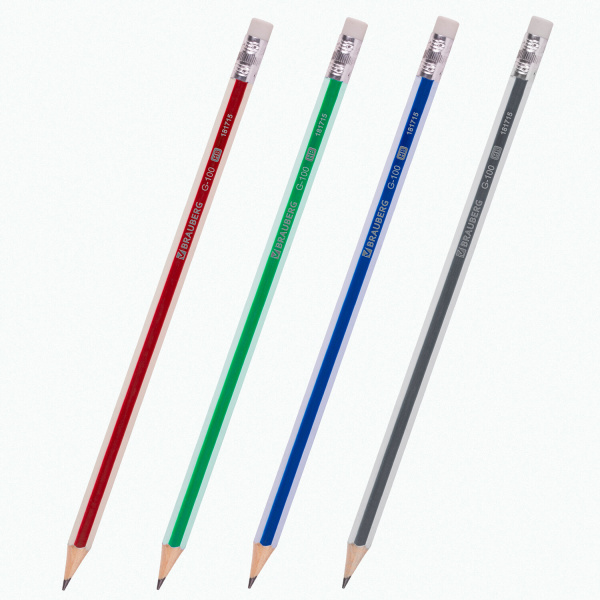 Набор карандашей чернографитных BRAUBERG "G-100" 4 шт., HB, с ластиком, корпус ассорти, 181715 - Карандаши чернографитные