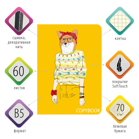 Тетрадь 60 л. в клетку обложка SoftTouch, бежевая бумага 70 г/м2, сшивка, В5 (179х250 мм), FOXY, BRAUBERG, 403815 - Тетради более 60 листов