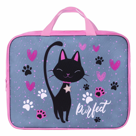 Папка на молнии с ручками BRAUBERG А4, 1 отделение, полиэстер, 80 мм, "Elegant cat", 271481 - Папки-сумки с ручками