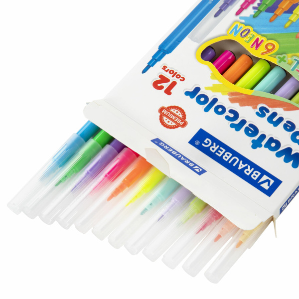 Фломастеры 6 неоновых + 6 пастельных, вентилируемый колпачок BRAUBERG "PREMIUM", картонная коробка, 152198 - Фломастеры классические