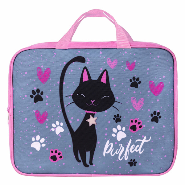 Папка на молнии с ручками BRAUBERG А4, 1 отделение, полиэстер, 80 мм, "Elegant cat", 271481 - Папки-сумки с ручками