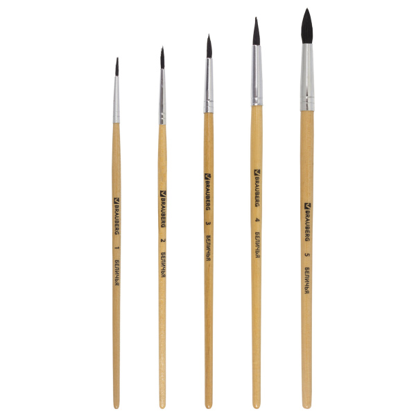 Кисти BRAUBERG, набор 5 шт. (белка, круглые № 1, 2, 3, 4, 5), блистер, 200217 - Кисти для рисования