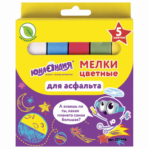 Мел цветной ЮНЛАНДИЯ "ЮНЛАНДИК И КОСМОС", НАБОР 5 шт., для рисования на асфальте, квадратный, 227446 - Мелки