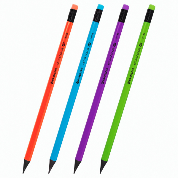 Набор карандашей чернографитных BRAUBERG "ULTRA COLOR" 4 шт., HB, с ластиком, пластиковые, 181709 - Карандаши чернографитные