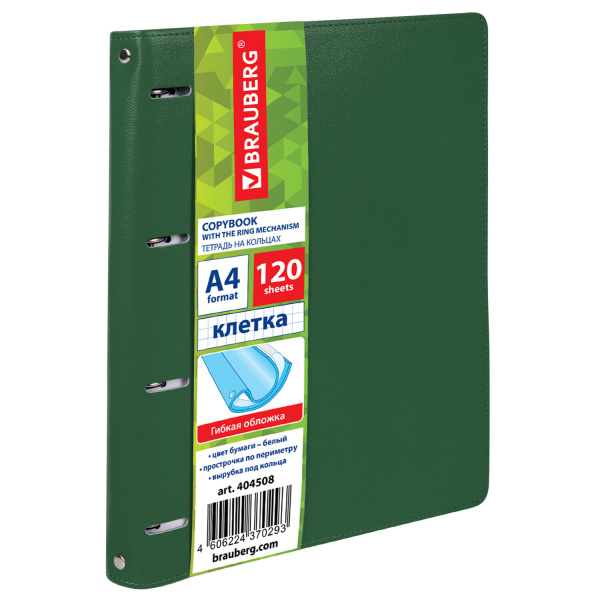 Тетрадь на кольцах БОЛЬШАЯ А4 (240х310 мм), 120 листов, под кожу, клетка, BRAUBERG "Joy", зелёный/светло-зелёный, 404508