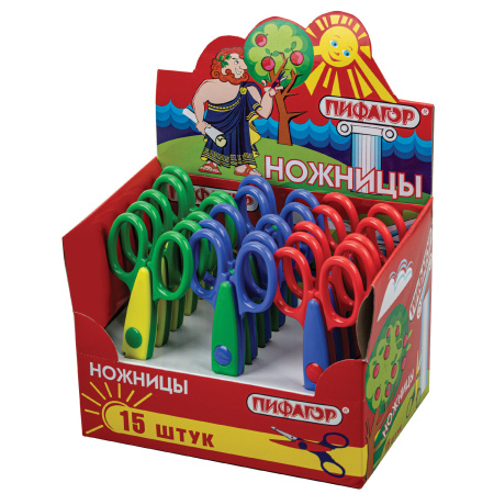 Ножницы ПИФАГОР, 135 мм, фигурное лезвие, ассорти, в дисплее, 230938 - Ножницы детские