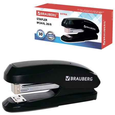Степлер №24/6, 26/6 BRAUBERG "Extra", до 30 листов, черно-серый, 229086 - Степлеры настольные