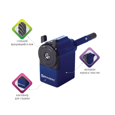 Точилка механическая BRAUBERG "JET", металлический механизм, корпус синий, 229570 - Точилки механические