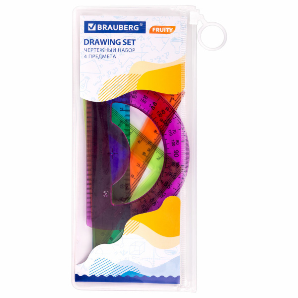 Набор чертежный средний BRAUBERG "FRUITY" (линейка 20 см, 2 треугольника, транспортир), ассорти, пенал, 210771 - Наборы чертежные