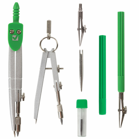 Готовальня BRAUBERG "Klasse", 7 предметов: циркуль+кронциркуль, рейсфедер + держатель, 2 вставки, грифель, 210344 - Циркули и готовальни