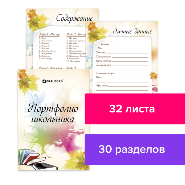 Листы-вкладыши для портфолио ШКОЛЬНИКА, 30 разделов, 32 листа, "Моё портфолио", BRAUBERG, 127550 - Портфолио