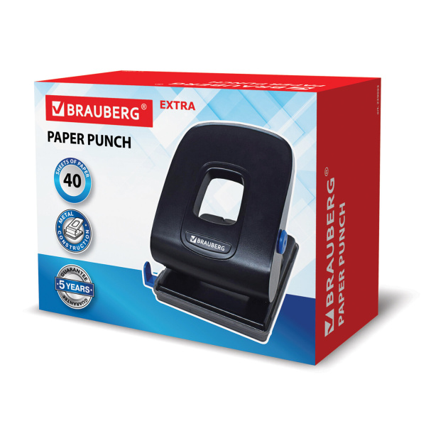 Дырокол металлический BRAUBERG "Extra", до 40 листов, черный, 229093 - Дыроколы настольные