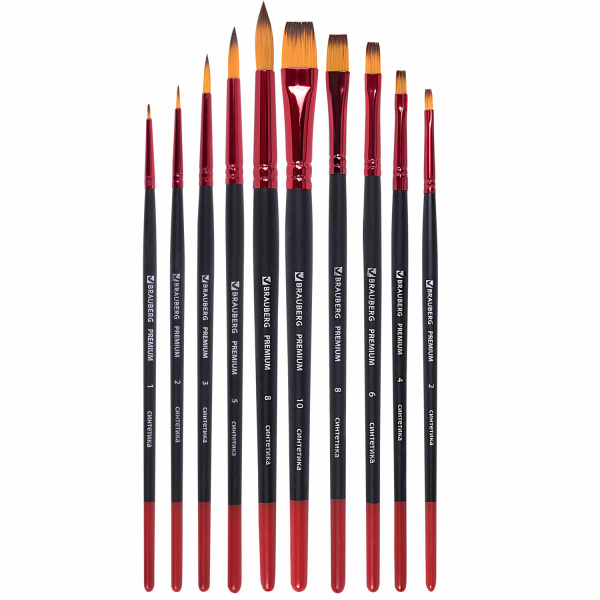 Кисти BRAUBERG PREMIUM, набор 10 шт. (синтетика, круглые № 1, 2, 3, 5, 8, плоские № 2, 4, 6, 8, 10), 201027 - Кисти для рисования