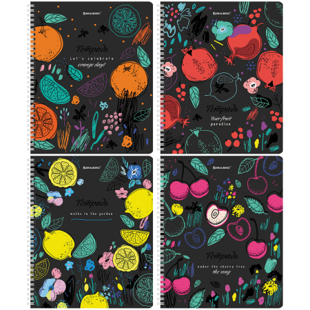 Тетрадь А5 96 л. BRAUBERG, гребень, клетка, глянцевая ламинация, "Bright Fruits" (4 вида в спайке), 404420 - Тетради более 60 листов