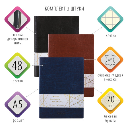 Тетради 48 л. в клетку обложка гладкий кожзам, НАБОР 3 шт., сшивка, А5 (147х210 мм), BRAUBERG VIVA, 403892 - Тетради 40-48 листов