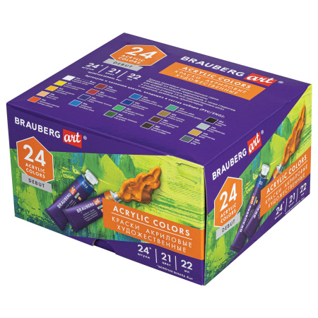 Краски акриловые художественные, НАБОР 24 штуки, 21 цвет по 22 мл, в тубах, BRAUBERG ART DEBUT, 192301 - Акриловые краски художественные в наборах