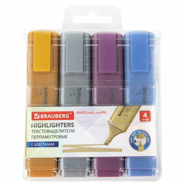 Набор текстовыделителей перламутровых 4 ЦВЕТА, BRAUBERG ORIGINAL PEARL, линия 1-5 мм, 152429