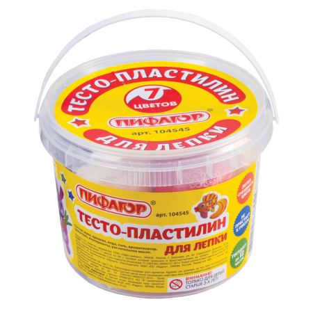 Пластилин на растительной основе (тесто для лепки) ПИФАГОР, 7 цветов, 420 г, пластиковое ведро, 104545 - Пластилин