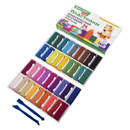 Пластилин классический BRAUBERG KIDS, 36 цветов, 540 грамм, стек, ВЫСШЕЕ КАЧЕСТВО, 106678 - Пластилин