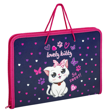 Папка для труда на молнии с ручками ПИФАГОР А4, 1 отделение, пластик, органайзер, "Positive kitty", 271472 - Папки для тетрадей и уроков труда