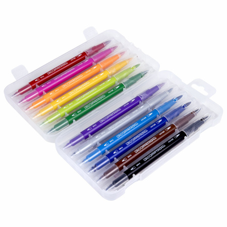 Фломастеры двусторонние с кистью 12 цветов (кисть/классический), СУПЕРКЕЙС, BRAUBERG KIDS, 152188 - Фломастеры классические