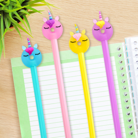 Ручка с топпером шариковая ЮНЛАНДИЯ "Единорог-пончик", корпус ассорти, СИНЯЯ, пишущий узел 0,7 мм, 1 шт, 143803 - Ручки фигурные